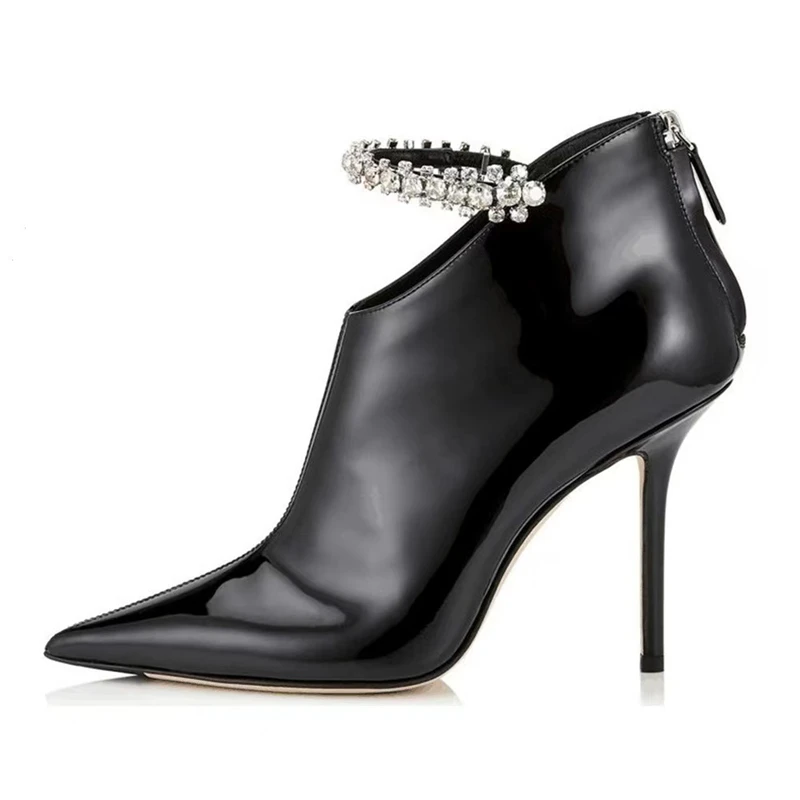 High Heel Women's Booty Ankle Diamonds Strap Pointed Toe Ankle Boots Patent Leather Back Zipper Black Shoes Size 45