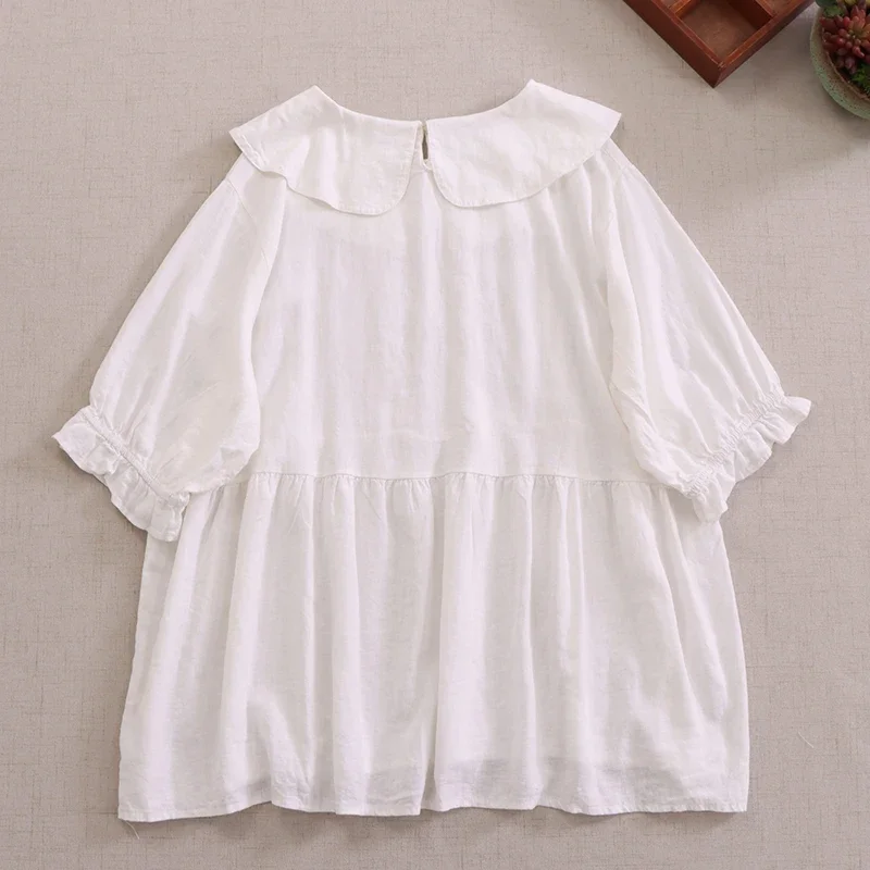 Summer Mori Girl Sweet Floral Embroidered White Shirt Women Kawaii Peter Pan Collar Short Sleeve Casual Loose Blouse Blusas Tops