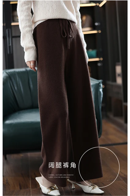 2023 New Autumn Winter Women 100% Wool Pants Soft Waxy Comfortable  High-Waist Knitted Female Cashmere Thicken Wide Leg Pant - AliExpress