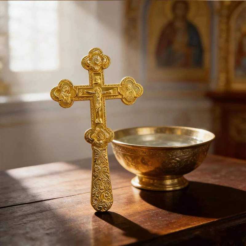 HTISOK Neues Elegantes Goldfarbenes Orthodoxes Handkreuz mit Blumengravuren für Kirchengottesdienste und Persönlichen Spirituellen Schutz – Detail 7