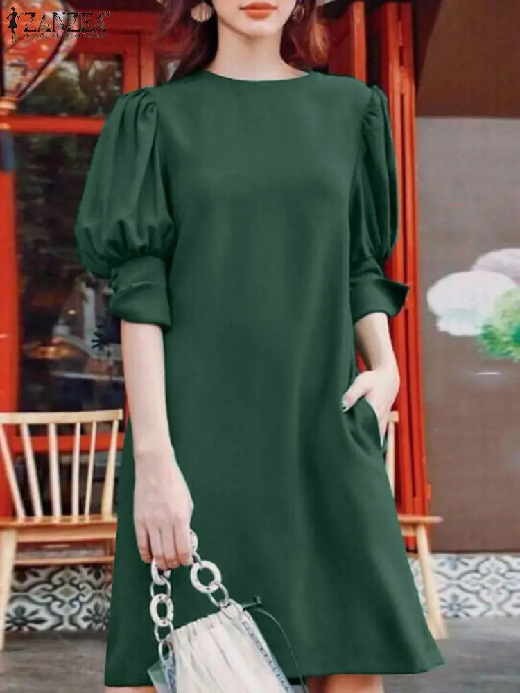 

ZANZEA Summer Casual Solid Women's Sundress Fashion Puff Sleeve Dress Femme Holiday Party Vestido Elegant Knee-length Robe 2023