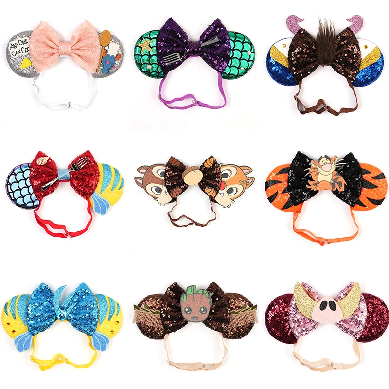 Disney 3,3 "Minnie Mickey diademas elásticas con orejas para recién nacido Disneyland moda brillo ajustado diadema bebé DIY accesorio para el cabello