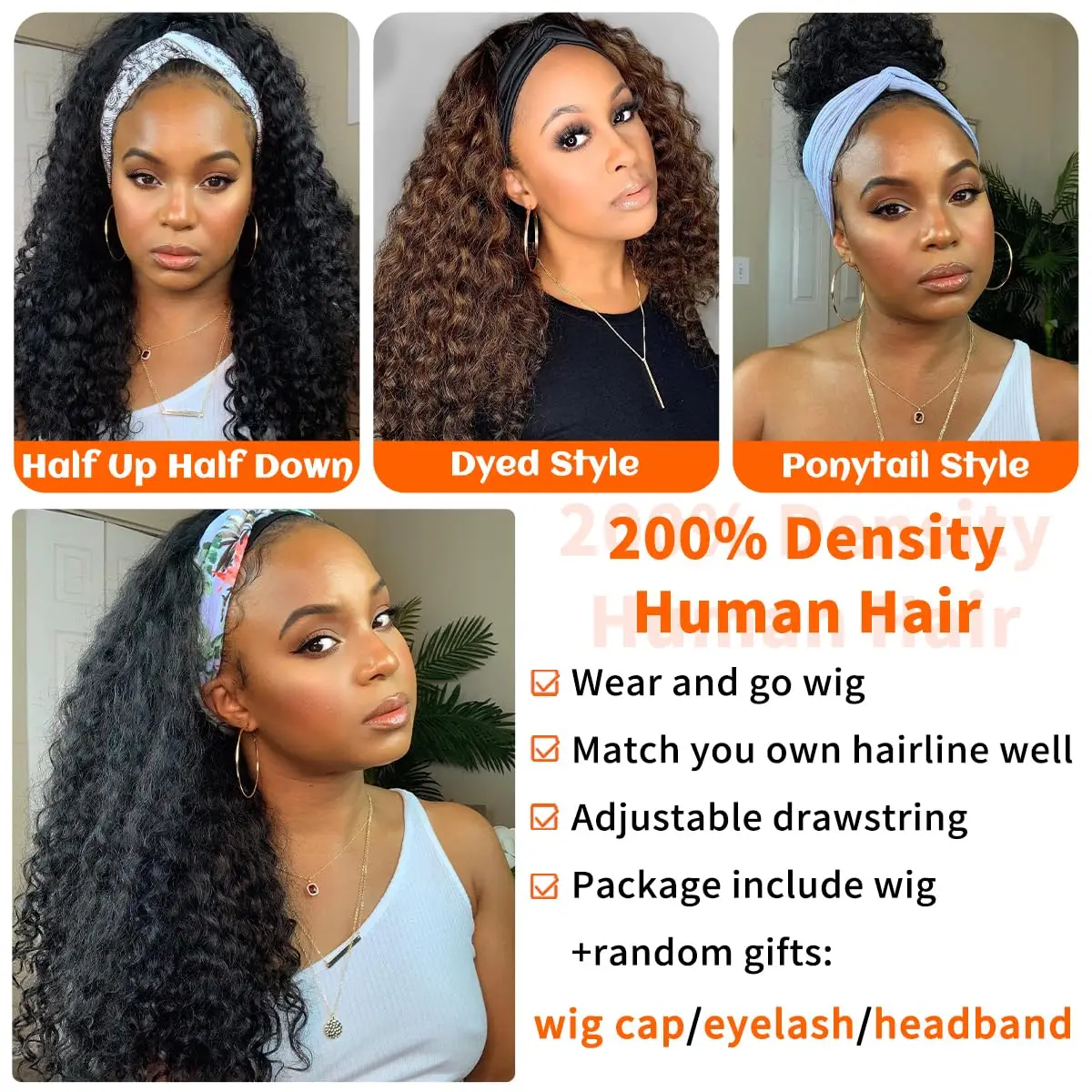 Headband Wig Human Hair Wigs Curly Wig Human Hair Deep Wave Wig for Black Women 20Inch Wear And Go Beginne Friendly 200% Density