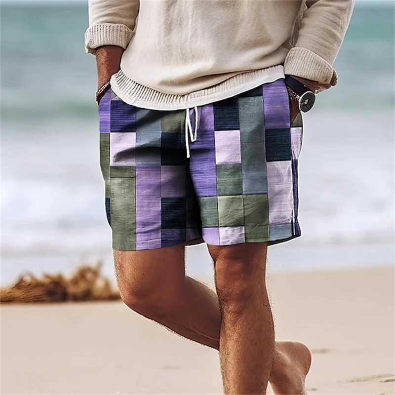 Classic Plaid Checkered 3D Print Mens Board Shorts Summer Gym Fitness Sports Short Pants Comfort Hawaii Swim Trunks Beach Shorts 2