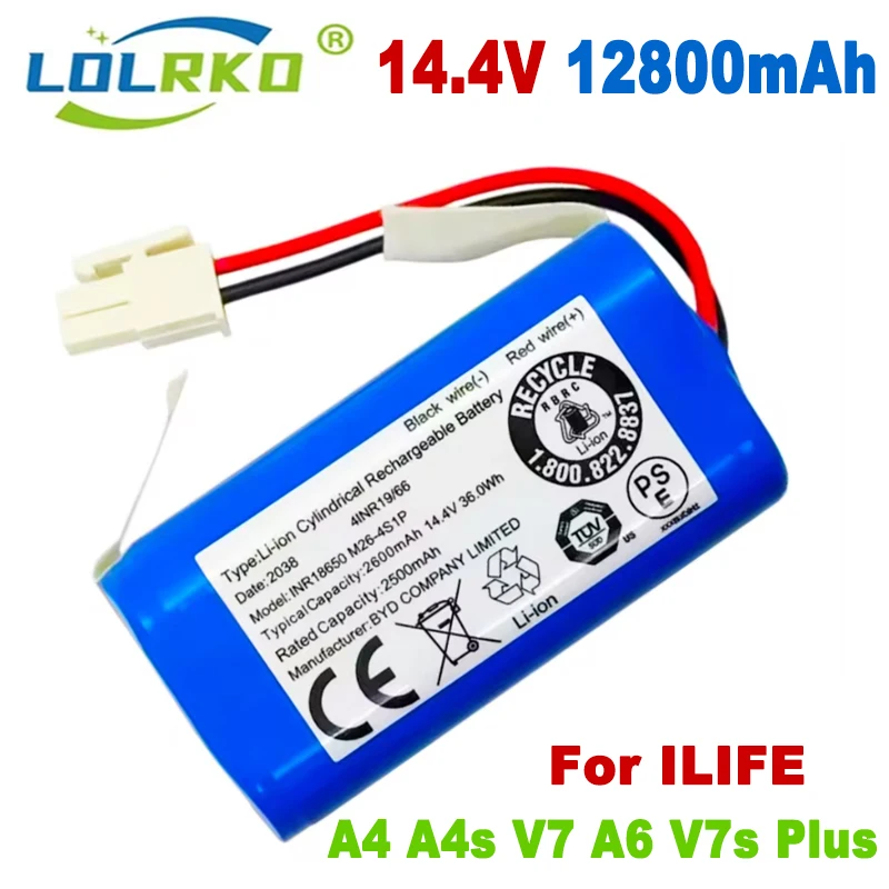 Vacuum Cleaner Battery 14.8V 12800mah Lithium For ILIFE A4 A4s V7 A6 V7s Plus Robot Vacuum Cleaner INR18650 M26-4S1P