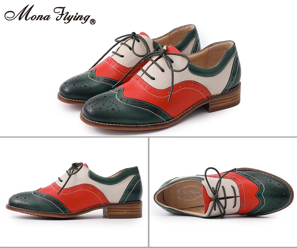 Mona Flying 여성용 진짜 가죽 옥스포드 브로그 윈팁 수제 편안한 레이스업 플랫 슈즈, 여성용 A068-183