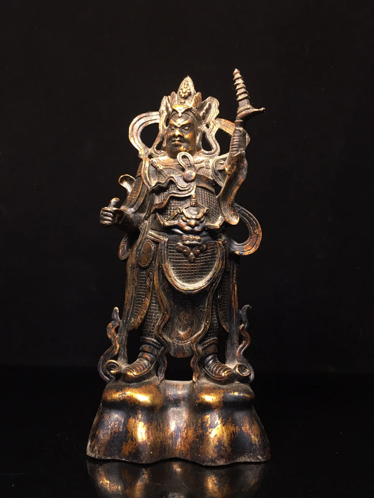 

13"Tibet Temple Collection Old Bronze Cinnabar Mud gold Heavenly King with Pagoda in Hand Buddha Tota Li Tianwan Worship Hall