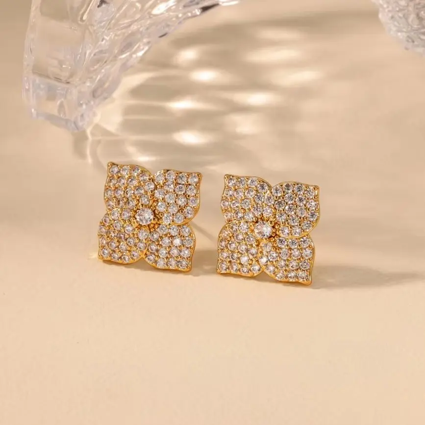 Zircon Flower Earrings 18K Gold Plated Stainless Steel