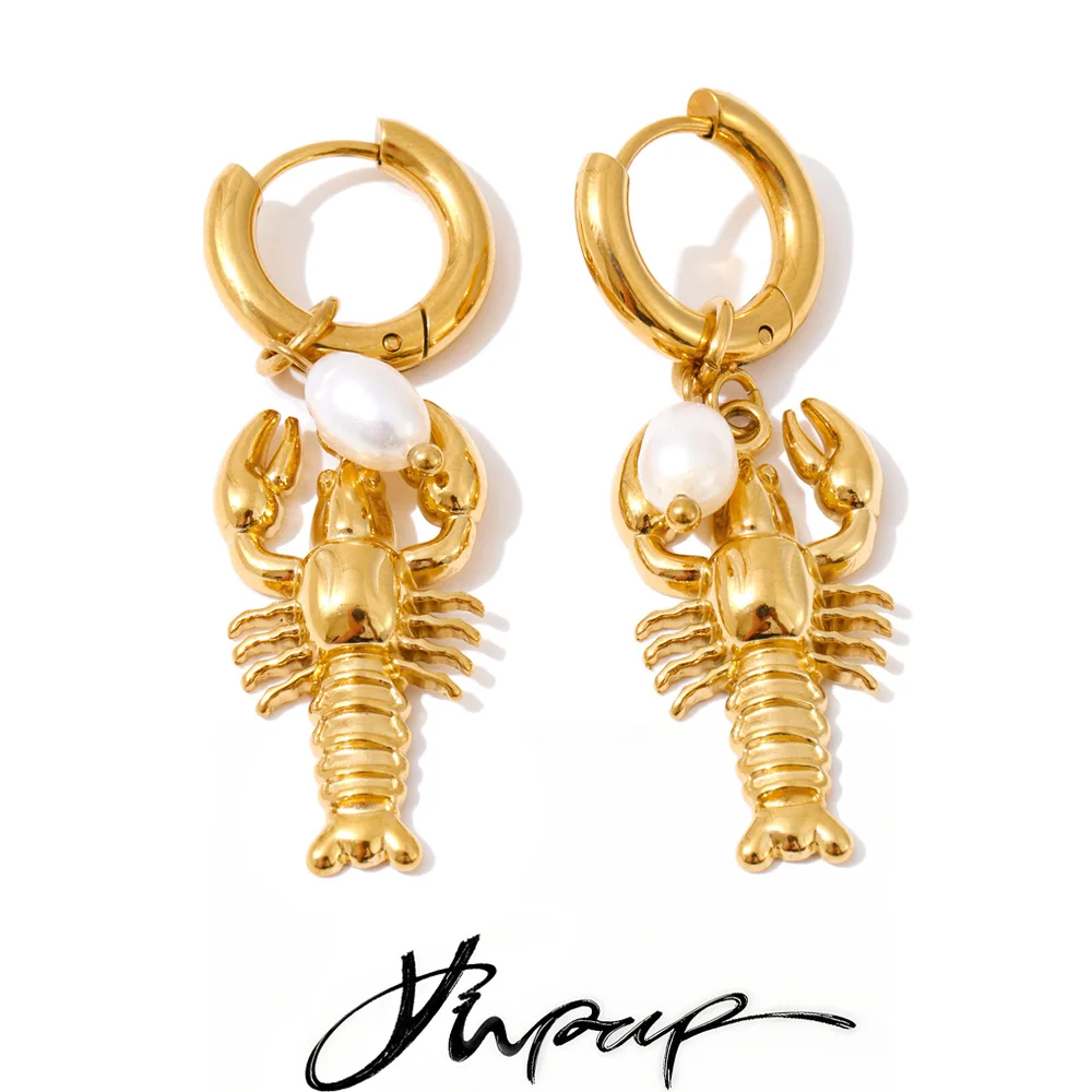 Yhpup Ocean Stainless Steel Crayfish Hoop Earrings Daily Wear