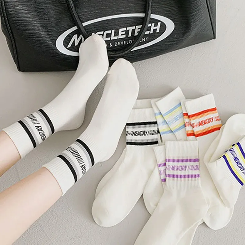 

Women New Cotton Socks Fashion Stripes English Letters Minimalist Trend Sports Youth Campus Style Ladies Crew Socks B138