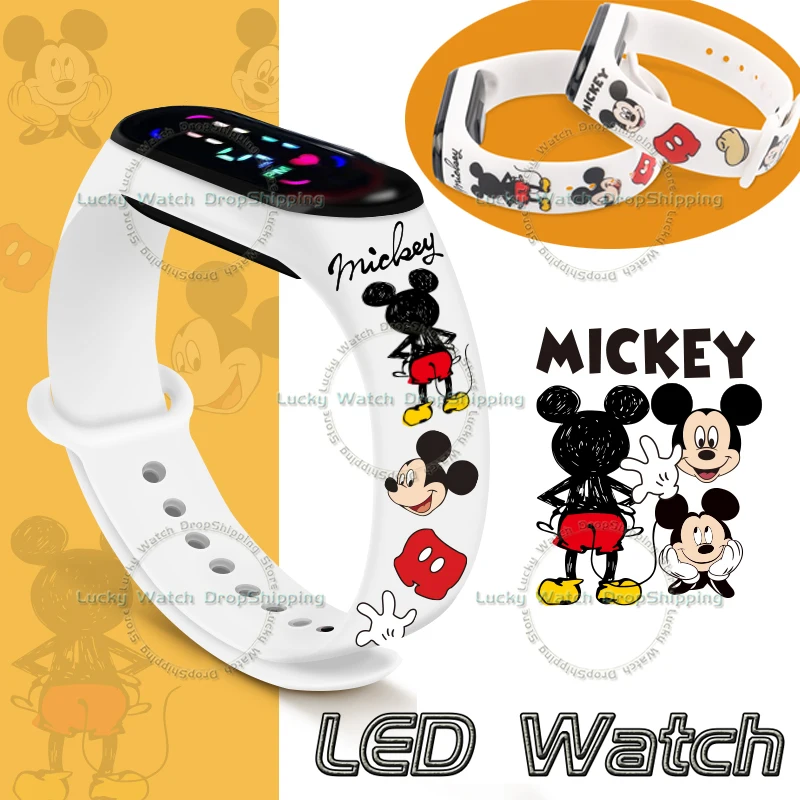 Mickey Minnie Kids' Anime Watches Disney Cartoon Character Figures LED Touch Waterproof Child Electronic Watch Birthday Gifts