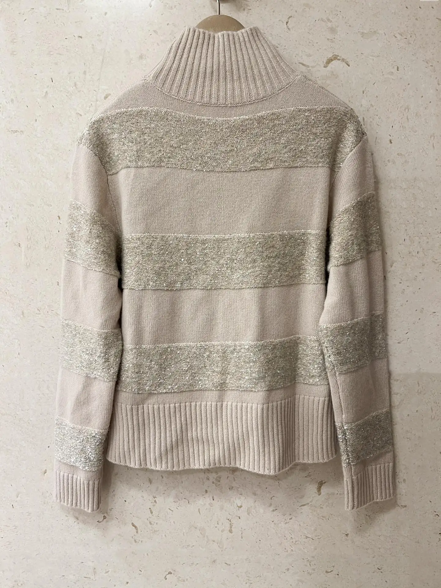 

BC New Women's Turtleneck Pullover Cashmere Blend Sweater Sequin Mesh Stitching Design Female Half Turtleneck Knitted Top
