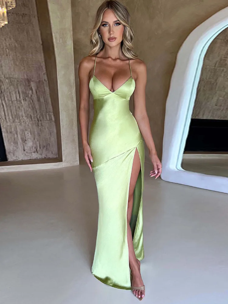 

Articat Sexy Strapless Satin Maxi Dress Women Open Back High Slit Slim Dress Women 2023 Spring Elegant Party Club Vestidos