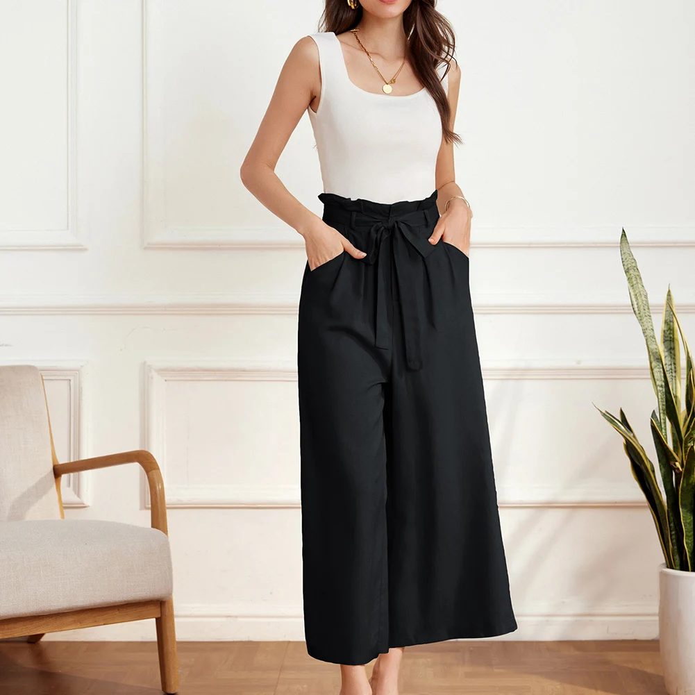 GK Women Wide Leg Ankle Pants Casual Vintage Retro Solid Elastic Waist Palazzo Capri Pants Y2k Fashion Office Lady Streetwear