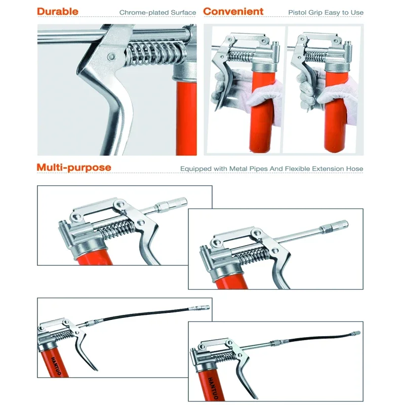 Grease Gun 3000 PSI Pistol Grip 3 oz Load 18Inch Spring Flex Hose 2Grease Couplers 2Extension Rigid Pipes and 1Sharp Type Nozzle