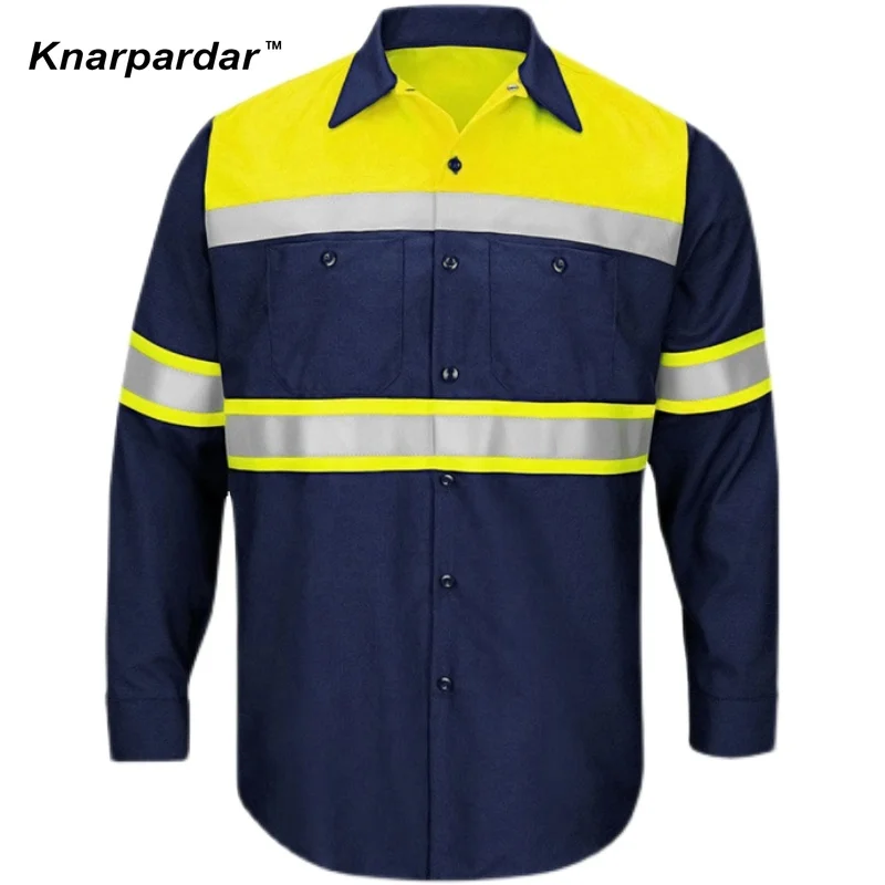 남성 여름 셔츠 노란색 네이비 안전 작업 셔츠 반사 작업복 높은 가시성 작업복