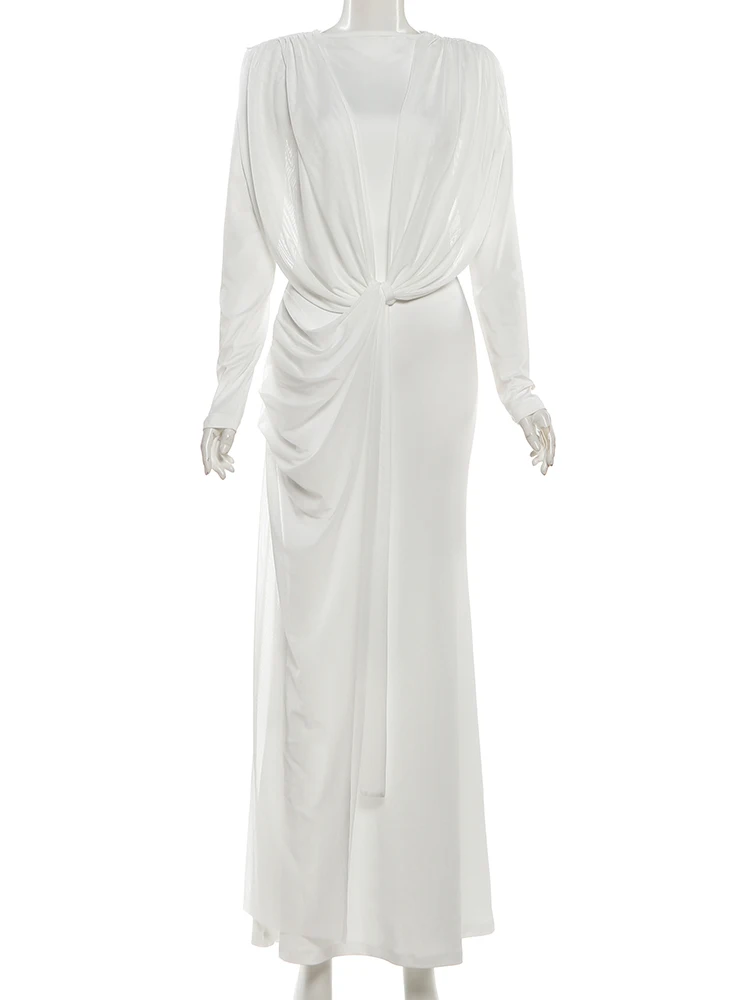 Nibber Mesh Patchwork Ruched Maxi Dresses Woman Autumn Trend Irregular Kink Design Casual Simple Solid Basic Elegant Vestidos