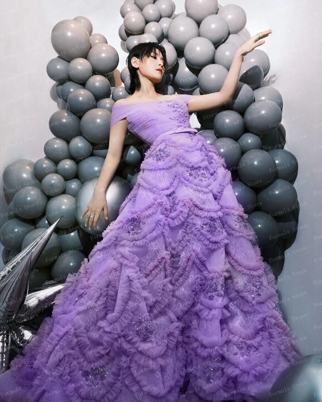 Off Shoulder Tulle Dress Ruffles Evening Dresses Applique Prom Dress Sequins Women's Dress Elegant Dresses For Women Plus Size plus size formal wear