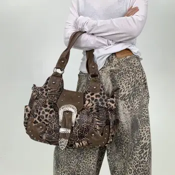 Y2K street personality spicy girl leopard print patchwork tote bag with multiple pockets and rivets retro crossbody handbag 1