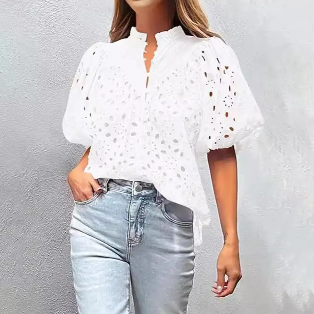 Women Shirt Stylish Women's V-neck Lantern Sleeve Blouses Casual Summer Tops with Hollow Flower Pattern Lace for Dressy