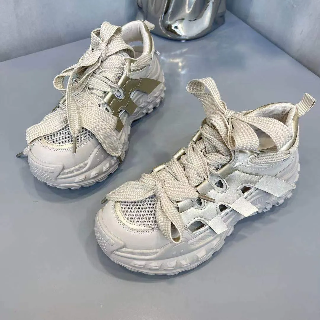 

Leisure Chunky Sneakers Women Mid Heels Lace Up Platform Women Shoes Solid Hollow Out Breathable Mesh Vulcanize Shoes Plus Size