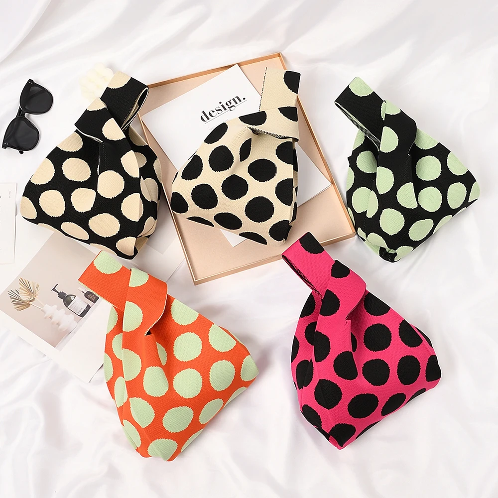 

Handmade Knit Handbag Women Mini Knot Wrist-bag Female Casual Color Wide Stripe Plaid Tote Bag Student Reusable Shopping Bag