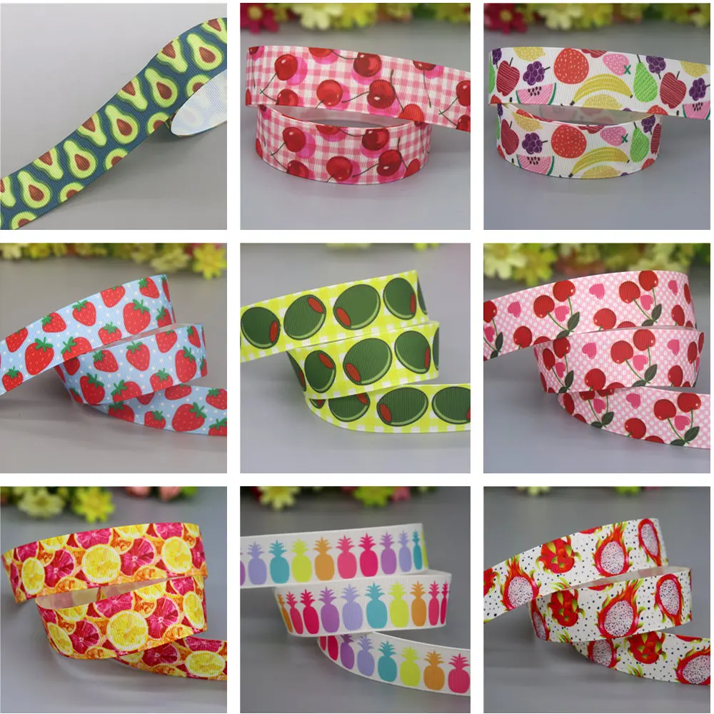 DHK 50yards Fruit Strawberry Pineapple Cherry Printed Grosgrain Ribbon Accessories Decoration Collar DIY Sewing Craft S2594