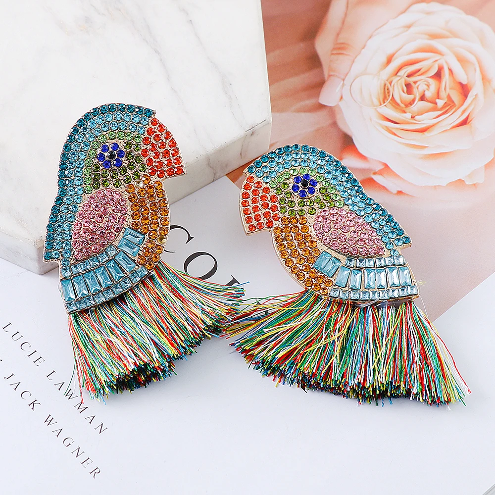 Bohemia Colorful Crystal Birds Fringed Drop Dangle Earrings Luxury Jewelry for Women Fish Earrings Accessories Crystal Tassel Earrings