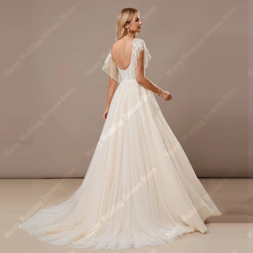 Fascinating Women Wedding Dresses Sexy V-Neck A-Line Tulle Bride Gowns Mopping Length Backless Banquet Robe De Mariée Customized - 2