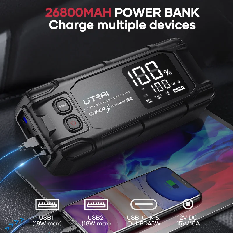 UTRAI 26800mAh 6000A מתנע רכב נייד עוצמתי, סוללת גיבוי ניידת עם טעינה מהירה PD45W, מסך LED בגודל 6.0 אינץ', מכשיר התנעה לחירום