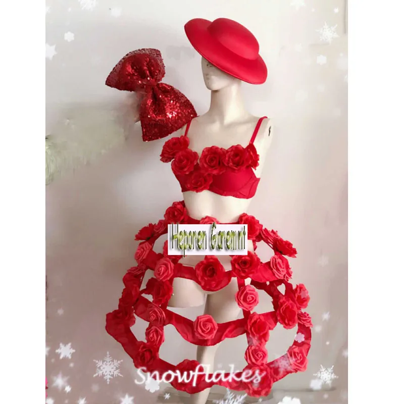 Valentine's Day Red Rose Flower Hollow Out Tiered Skirt With Hat Adult Party Bird Cage Layered Dress Sexy Costumes For Lover