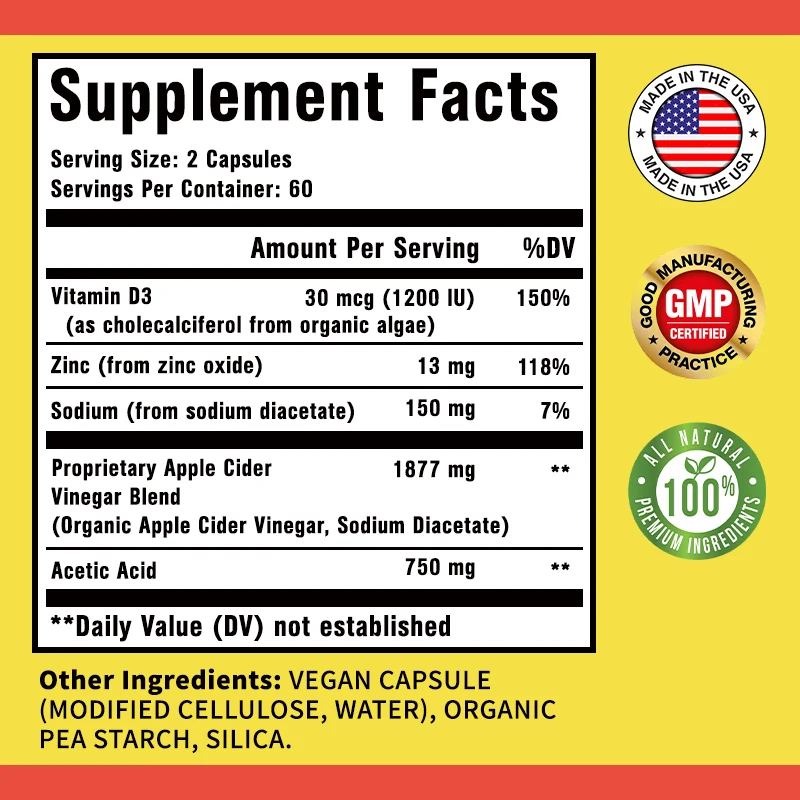 Apple Cider Vinegar Supplement Boosts Metabolism Maintains Healthy Cholesterol Levels Contains Vitamin D3 and Zinc