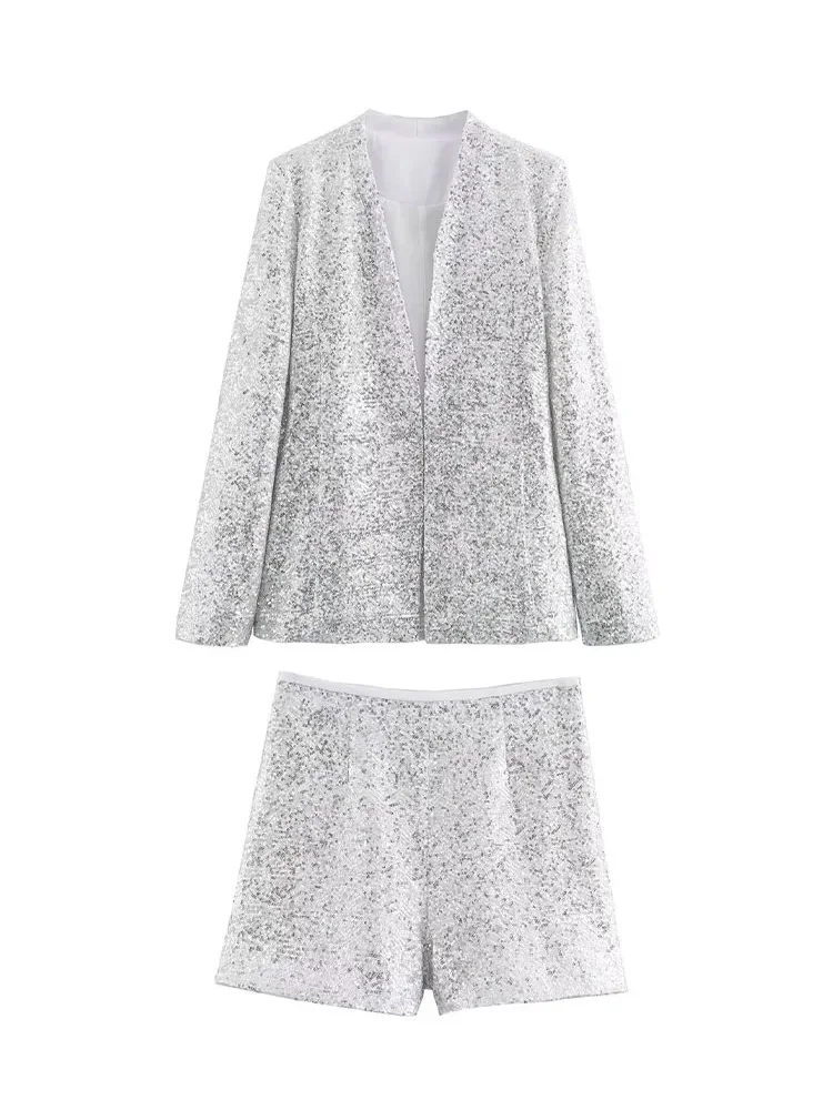 

Комплект из двух предметов HH TRAF Женский, модная куртка с длинным рукавом, блестками и V-образным вырезом, повседневное Свободное пальто, элегантные шорты на молнии с завышенной талией