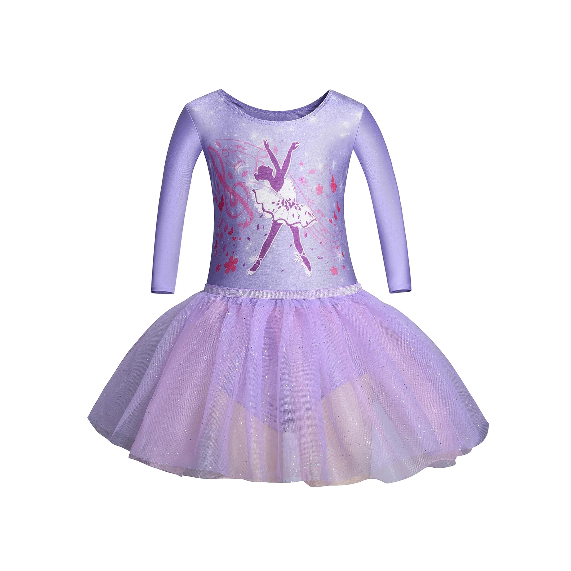 Robe de ballet de danse justaucorps à manches 3/4 pour filles, jupe tutu scintillante pour enfants et ceinture