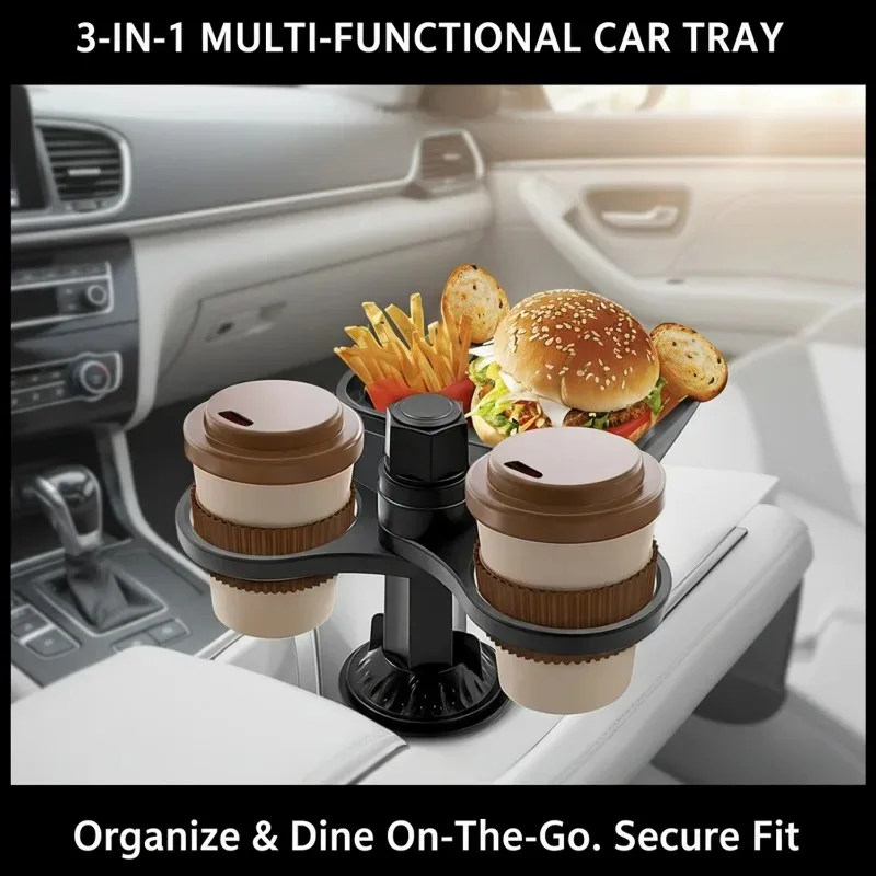 3 in 1 Car Cup Holder Tray Expander Detachable Food Table Tray with Solid Base-Road Trip Essentials Auto Accessories Gadgets