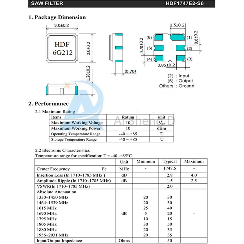 (5개) HDF6G212 F1747MHZ (1710-1785) 1747MHZ SAW 필터 통신 SMD 3.0*3.0MM 6PIN 음향계 필터 공진기 1747M