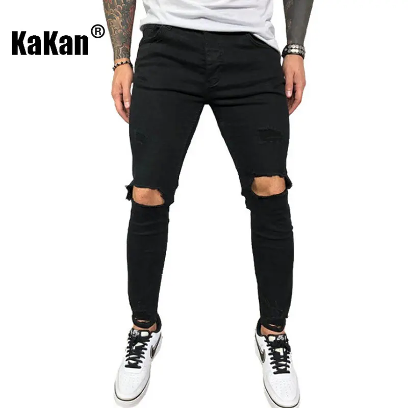 Kakan - High Quality European and American Men's Distressed Elastic Small Leg Jeans with Torn New Dark Blue Black Jeans K01-8812