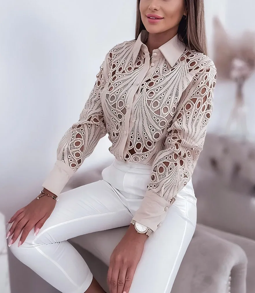 Lace White Long Sleeve Dress Shirt Womens New Fashion Lace Hollow