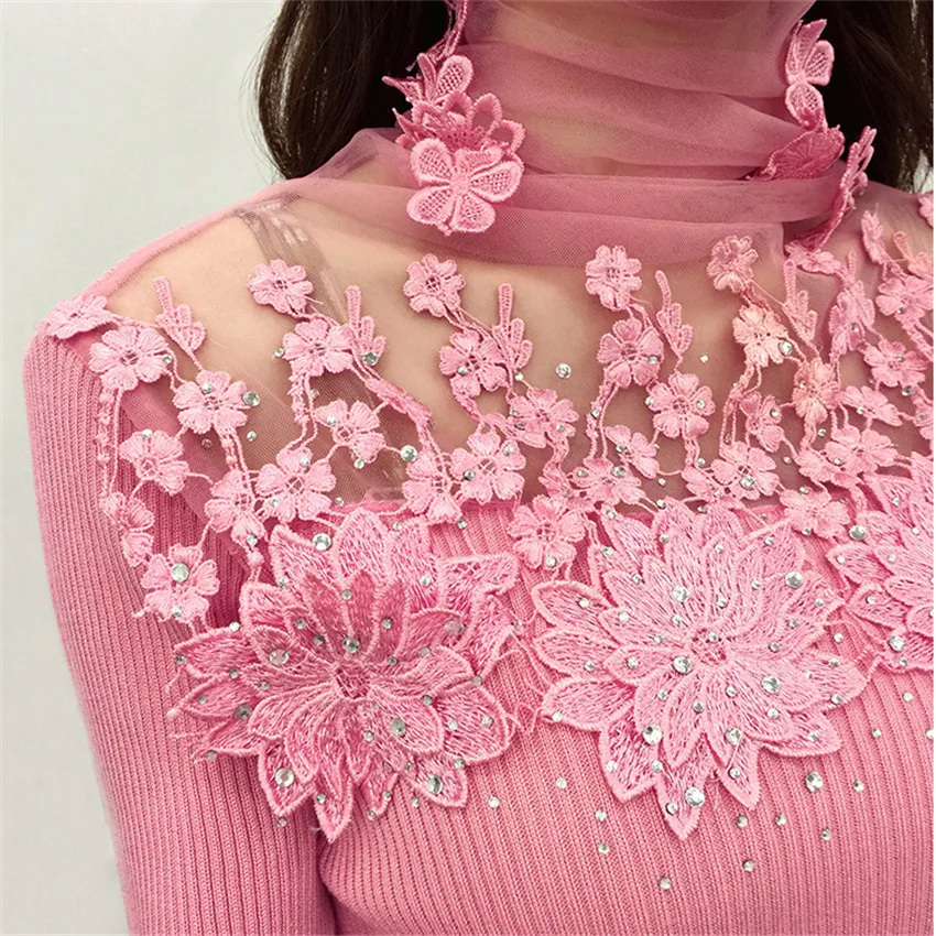 

New Women Turtleneck Sweater Autumn Winter Mesh Patchwork Knitted Pullovers Flowers butterfly Basic Sweaters Female Tops AB700