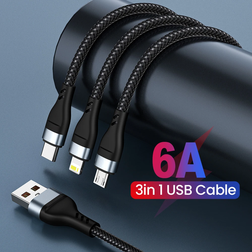 

Супербыстрый зарядный кабель 6A, 100 Вт, 3 в 1, USB-кабель для быстрой зарядки IPhone 14, 13, 12 Pro, кабель Type-C для Samsung, Huawei, Xiaomi