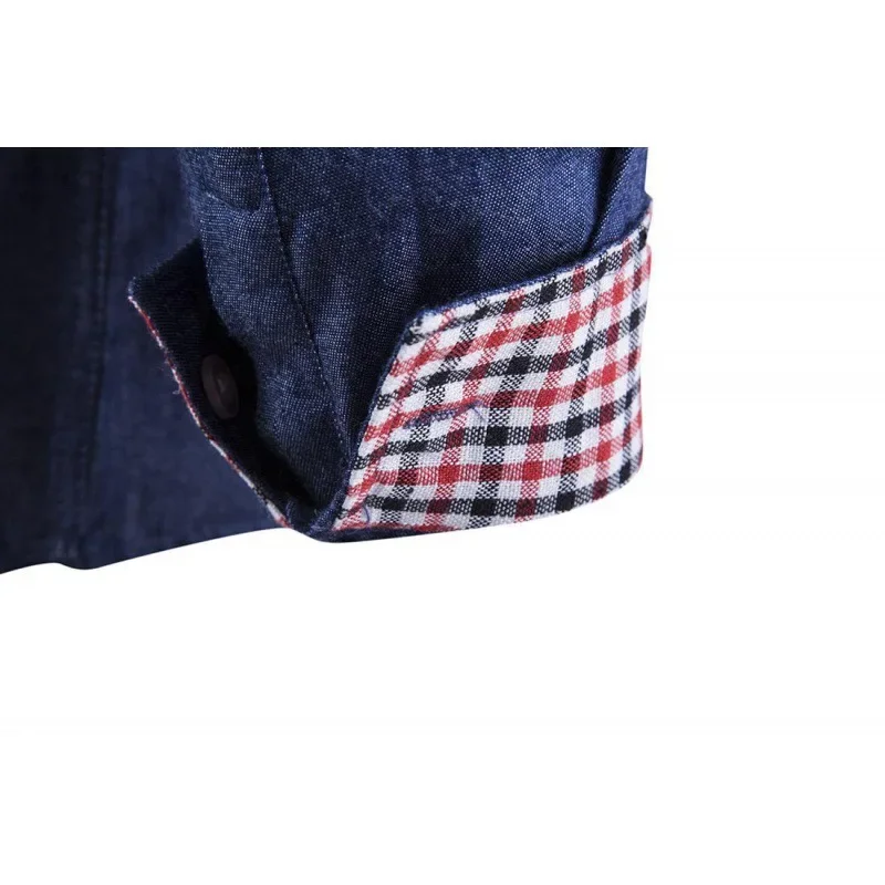 Denim Slim Fit Long Sleeve Collared Shirt Pocket Patchwork Leather Shirt for Men
