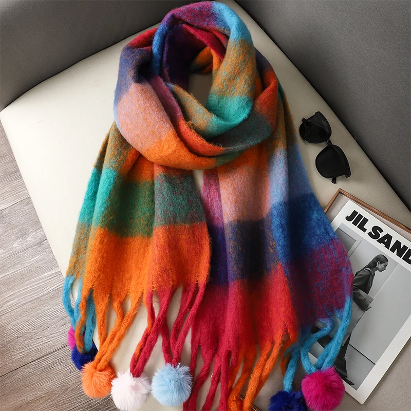 

2023 Luxury Cashmere Women Plaid Scarf Winter Warm Big Shawl Fashion Pashmina Hairball Tassel Bandana Lady Thick Blanket Scarves