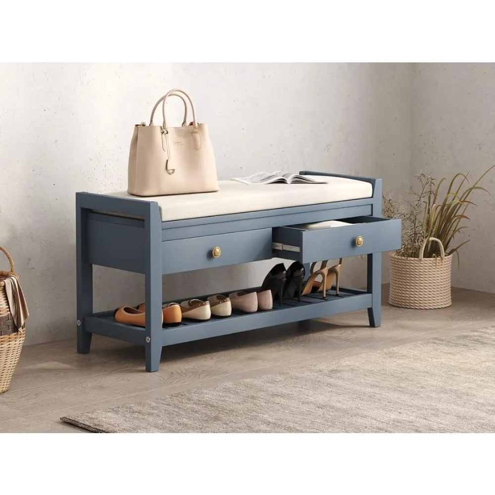 

Entryway Footstool with Storage, Shoe Cabinet Bench with 2 Drawers and Storage Shelf, Shoe Storage Bench with Cushioned Seat