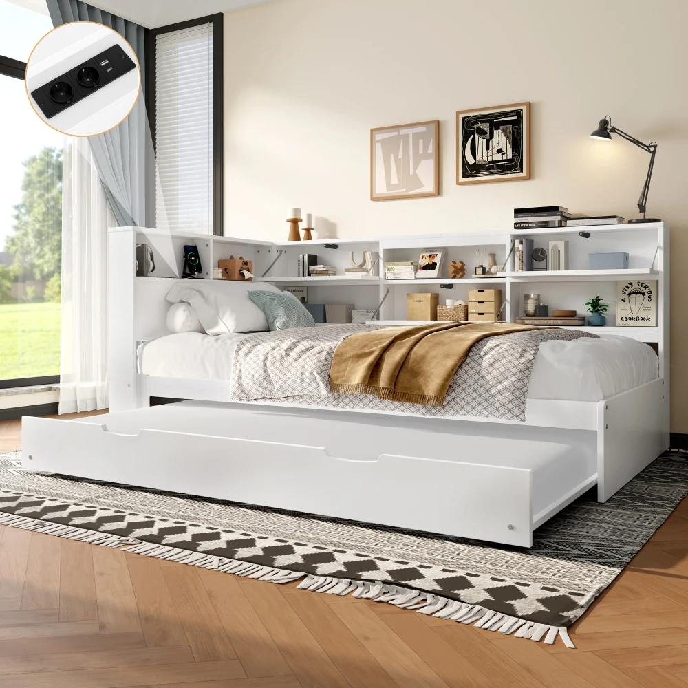 90x200cm, 140cm*200cm Tagesbett, Schlafsofa, Kopfteil mit Ablagefach, ausziehbares Bett, geeignet für Schlafzimmer (ohne Matratze) – Detail 1