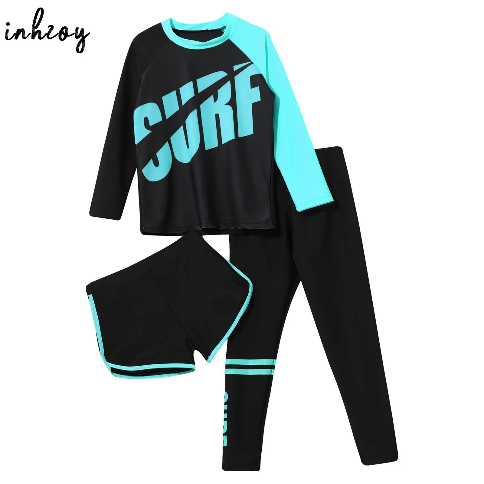 Kids Rash Guard Swimwear 3 Piece Set Quickly Dry Sun Protection Long Sleeve Top Shorts Pants