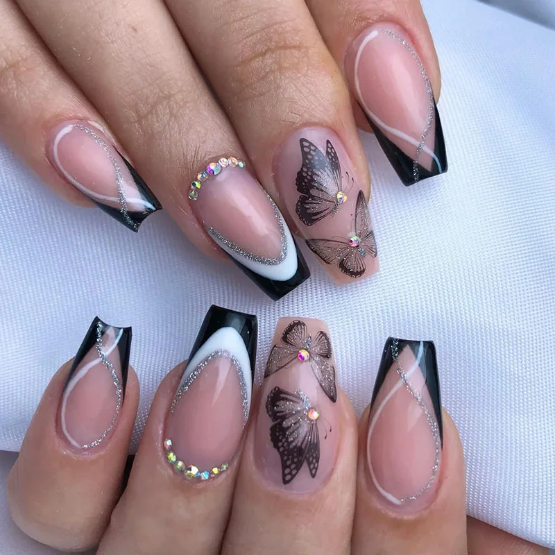 

24Pcs Wearable False Nails with Diamond Ballet Fake Nails Butterfly Design French Press on Nails Coffin Manicure Tips Nail Art