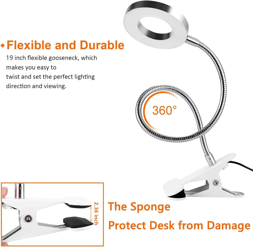 LED Reading Lights 360°Flexible Gooseneck Dimmable Table Lamp Clip On Indoor Bedroom Eye Protection Desk Light Book Clamp Lamp 6