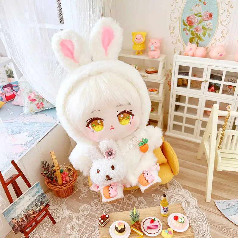 20cm Cute White Carrot Bunny Fluffy Coat Suit Doll Clothes DIY Kawaii Stuffed Soft Idol Cotton Plush Doll for Girls Kids Gifts