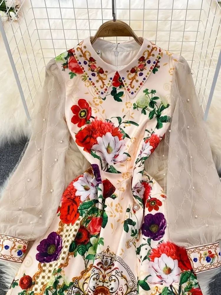 

New Spring Summer Pearls Dress Women's Peter Pan Collar Flowers Print Mesh Sleeve Gold Thread Embroidered Short Vestidos
