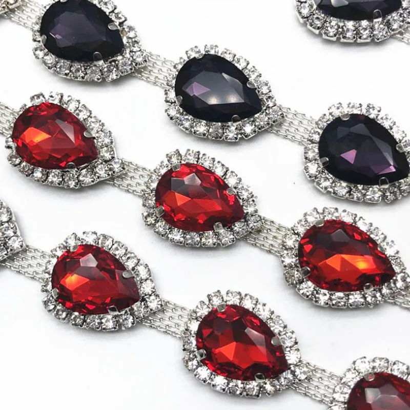 

10Yards Teardrop Glass Rhinestone Trim Clear AB Red Violet Topaz Crystal Trimming For Wedding Dress